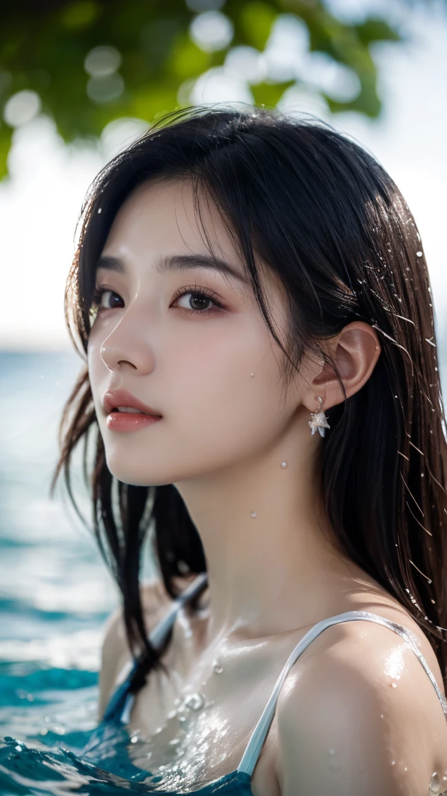 black hair, hair behind ear, Impressionism, ray tracing, backlighting, masterpiece, accurate, textured skin, high details, high quality, highres, super detail, 1080P, detailed face, detailed eyes, Woman swimming in sea, one-piece swimsuit, Splashing water, outdoors, sunny midsummer