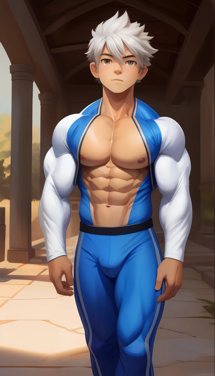 A ( face) 15 year old teen (15 yearsttractive boy, standing, full body. Mexican ethnicity. tanned skin, silver white hair, short hair bangs that fall on both sides of his youthful face. carefree expression, young man, alone, marked muscles, beautiful musculature, aesthetic stretch marks, inspiring physique, slender muscles, square pecs, beautiful V-cone, excellent abs and torso, chiseled abs, pectorals chiseled, perfect massive muscles, inflated muscles, voluminous pectorals, massive muscular body, a huge gigantic chest with a narrow waist, huge shoulders, ridiculously well-shaped large pecs, eight chiseled abs, (very toned and huge) with his military haircut and voluminous neck, narrow waist, golden eyes, young face, beautiful, young. Teen muscular young builder with extraordinary and firm back, chiseled muscles, rhomboid muscles, latissimus dorsi. Gigachad. he wears a Use Vegeta's training suit. A tight one-piece suit from the neck to the ankles, white in color, the suit has no sleeves, it does not use a belt. The white shirt and pants are a single piece of clothing, the shirt has a U neck, open jacket, has no sleeves and highlights his prominent abdominals and pectorals. He doesn't wear a belt. His muscles stand out. He wears white gloves on his hands, and white boots. Ruins of a Jedi temple with forest background. standing, full body. (((Back))) huge firm muscular thighs, round buttocks and round butt with back, huge ass ((firm buttocks)) with big booty. (White clothes)))