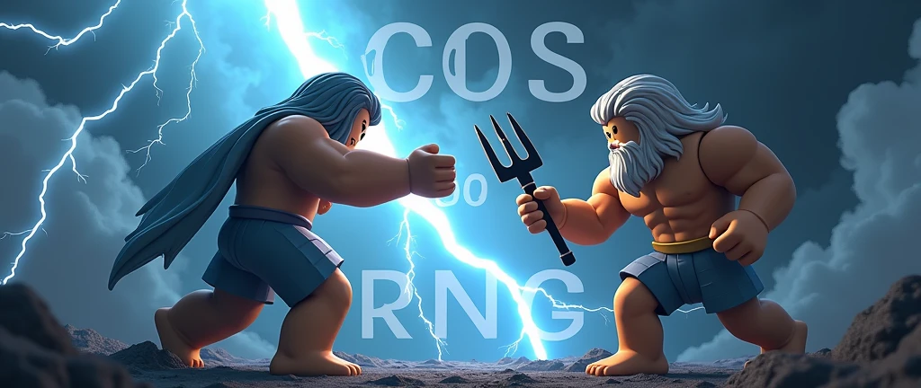 Zeus shooting lightning in the dark as a roblox character at Poseidon who is also a roblox character poseidon uses his trident on zesu (add text saying Gods Of RNG and make it match the background)
