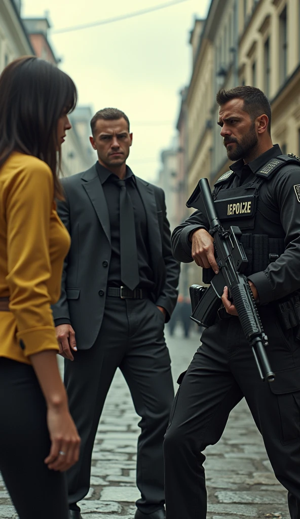 Araffes in a yellow top and a man in a black tie, armed y peligroso, GTA in Moscow, Maxim Shirkov, attire: police, heavily armed, Dasha Taran, estilo grand theft auto, armed, carry arms, al estilo de kyrill kotashev, John shouted, with rifle, man and woman, attire ajustado