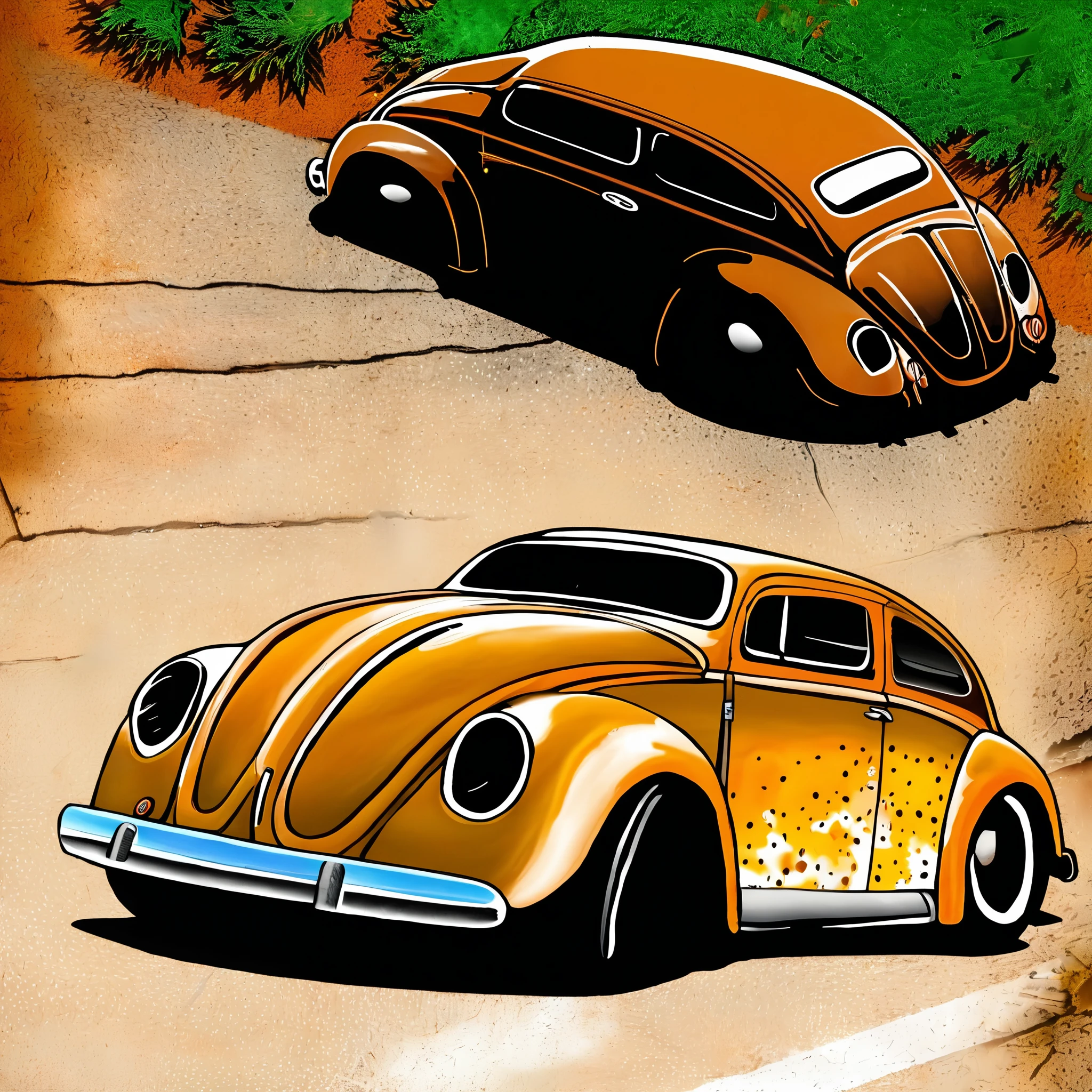 arafed old car parked on the side of the road, beetle, beetle-inspired, restomod, (((rusty))), stained antique copper car paint, kombi, patina, rusty colors, (rust), color vintage, classic car, profile image, rusty cars!!, profile picture, rusted, antique, brown:-2, vintage old, rusting
