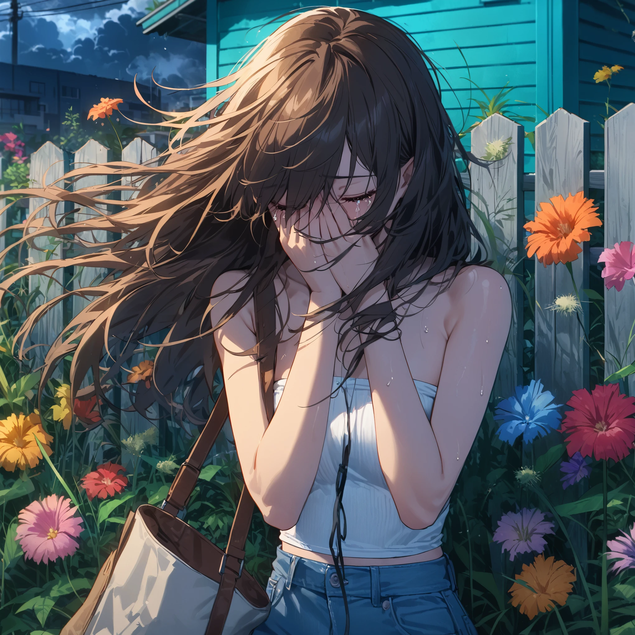 Best quality, masterpiece, close up, hands covering face, crying, closed eyes, colorful flowers, tropical plants, weeds, windy, hair blowing in wind, very long hair, brown hair, swept bangs, brown eyes, strapless white shirt with black string, jeans, sneakers, toned arms, small breasts, neighborhood, fence, teal building , dark thunder head clouds,