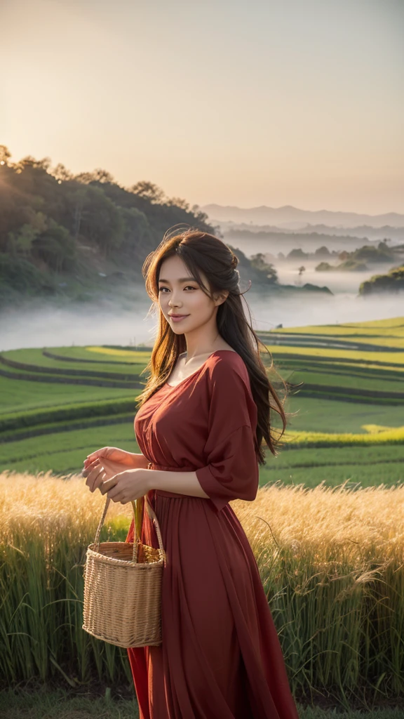 &quot;In the early morning countryside with the sun shining in、A beautiful woman in a red dress fluttering in the wind、He is walking while stroking the golden ears of rice with his hands.。There&#39;s a fog behind me、Morning dew is shining。”

1.	Soft Light 2.	Sunshine 3.	Gold Sparkle 4.	Veil of Mist 5.	Sparkle of Morning Dew 6.	Smile 7.	Calm expression 8.	Hair in the Wind 9.	Natural Beauty 10.	Exotic 11.	Blessings of the Earth 12.	Texture 13.	Tranquility of the Landscape 14.	Light and Shadow Contrast 15.	Warmth 16.	Vibrant Grass 17.	Handmade Baskets 18.	wood々Noisy 19.	Fresh air 20.	Stacked straw bundles