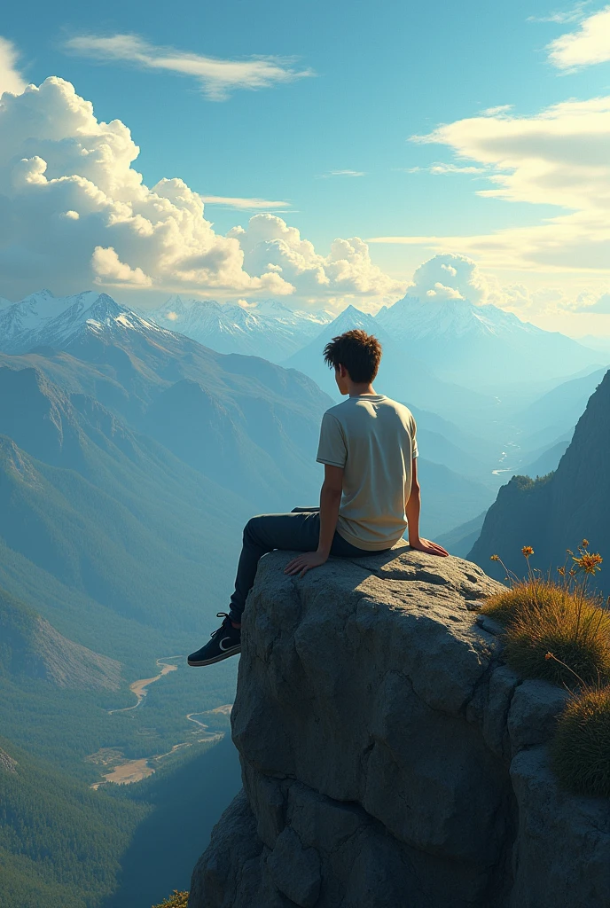 Teenager man admiring the landscape sitting alone on a mountain