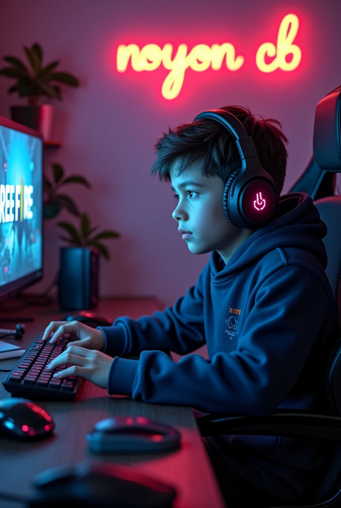 Create A 3D Realistic image of a Boy sitting in gaming room on gaming chair and playing on Free Fire application on his pc. The boy must wear dark blue hoodie headphones And his name "NOYON CB" is Written on the wall with orange colour neon light.