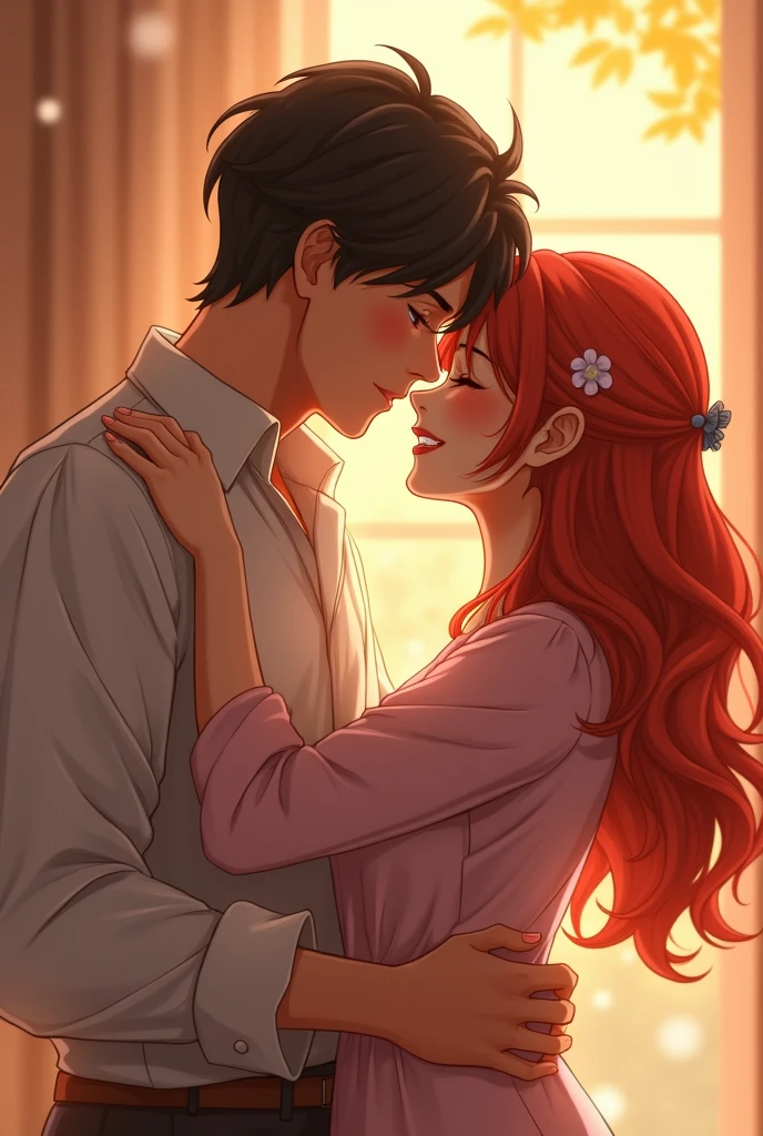 The photo shows a man and a woman hugging., The girl has bright red hair and round cheeks, oops and sakimichan, 8K Artgerm Bokeh, Jang Seung Yeop, work in Guweiz style, & Jihyun Lee & oops, high quality fanart, Jinyoung Shin, by Jeonsuk Lee