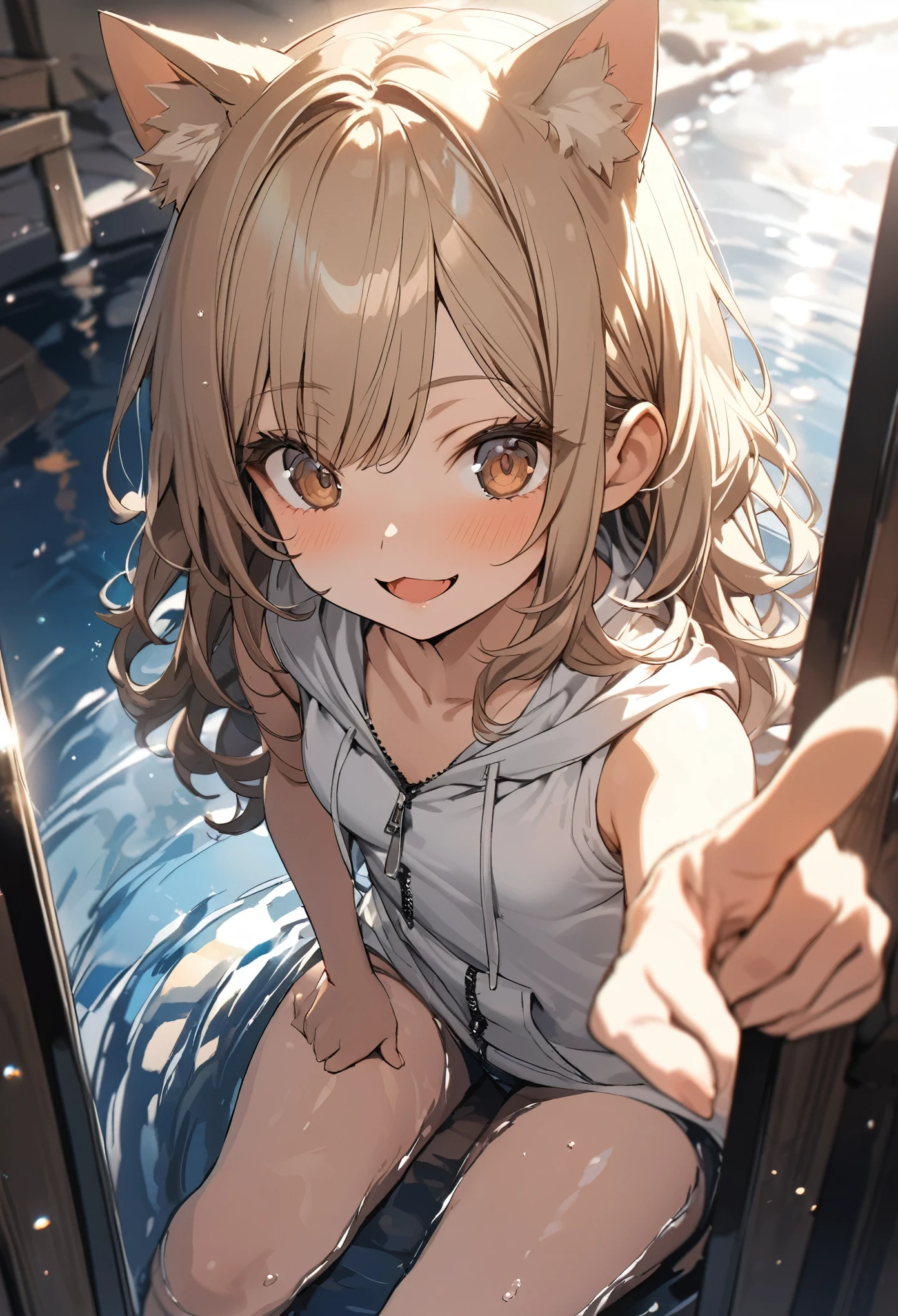 ((Masterpiece)), ((best quality)), (Anime:1.4), (super detail:1.2), (High Definition:1.3), (Professional Photography:1.3), (wide shot), (sharp focus), (perfect light), (()), portrait, (morning), Very messy medium hair, ((ragged loose T-shirts)), (slightly exposed small breast), Beautiful collarbone, Slender body, (sit on the jetty), Sweaty skin, (smug), open mouth, Textured skin, Cat ears, Pale brown hair, Cute Beautiful Girl, BREAK, ((best quality)), outdoor, (on the rusty and dirty Collapsed jetty), ((Landscape below the deep cliff)),