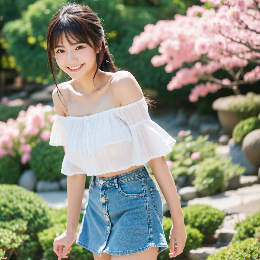 (8k, RAW Photos, Highest quality), (Realistic, Photorealistic: 1.37), Facial detail texture, Ultra-high resolution, White-off shoulder, Denim mini skirt, Shot from a distance, Full Body Shot, toe shot, beautiful Japanese women, elegant young Japanese women, Asian, Japanese women, young, Adorable, Ulzzang, cute face of girl, Portrait of a female idol in Japan, so beautiful, Japanese garden, Grin