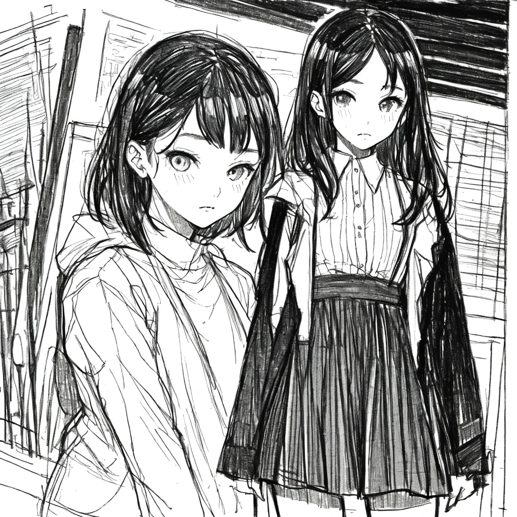 One Girl,Line art,Monochrome,sketch,Pencil drawing,Traditional Media,One Girl, skirt,Cute Teen, ,Beautiful portrait、Delicate body、Black Hair、Black Hair,landscape,Black and White