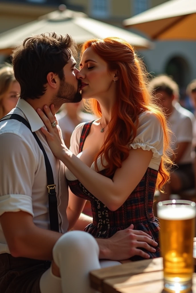 POV of a standing man, ultra realistic, photography, long straight red hair, (24 years old, hourglass figure, perfect body, natural medium breasts), seductive look, wearing a tight Dirndl dress with a nice cleavage, she is wearing white thigh high stockings, wearing a tight Dirndl dress with a nice cleavage, she is wearing white thigh high stockings, on a sunny day, posing sexy, she is kneeling in front of a man, point of viev of a man standing before her, she is looking up into the camera, she is touching his pants with her hands, she is very close to his pants, she is unbuckling his belt