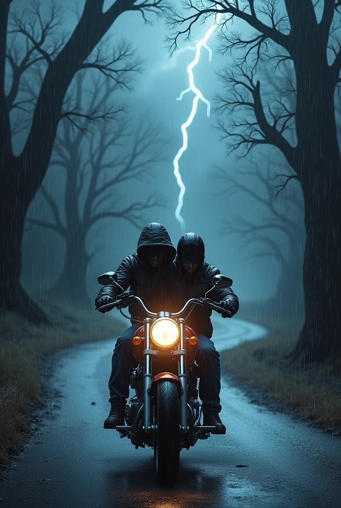 Dark stormy night, motorcycle, couple
