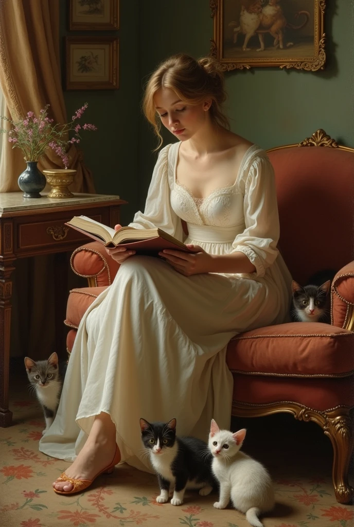The reader (1772), by Jean-Honoré Fragonard The woman in modern clothes, and with kittens on the floor 