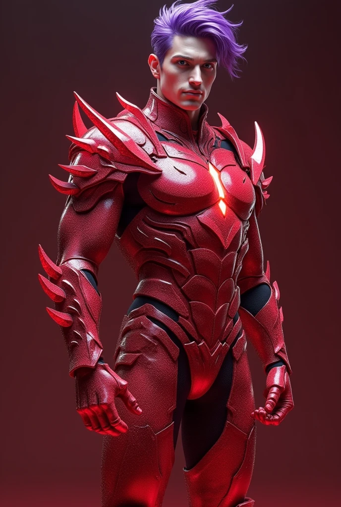 full body 3d HDR photorealistic ultra realism high definition aesthetic stabilized diffusion picture of handsome hunky Warrior Mars, purple hair ,in red ruby crystal transparent sparkling shiny crystal glass chrome outfit armor,,look at camera, detailed facial parts,, studio as background, Freestyle Pose, Happy Expression, perfect anatomy, symmetric body,, 18 years old, :: high detail, a lean athletic body, realistic, human skin, extremely detailed fingers, chad chin,, masculine, human skin, (eyes contact), gorgeous, Attractiveness