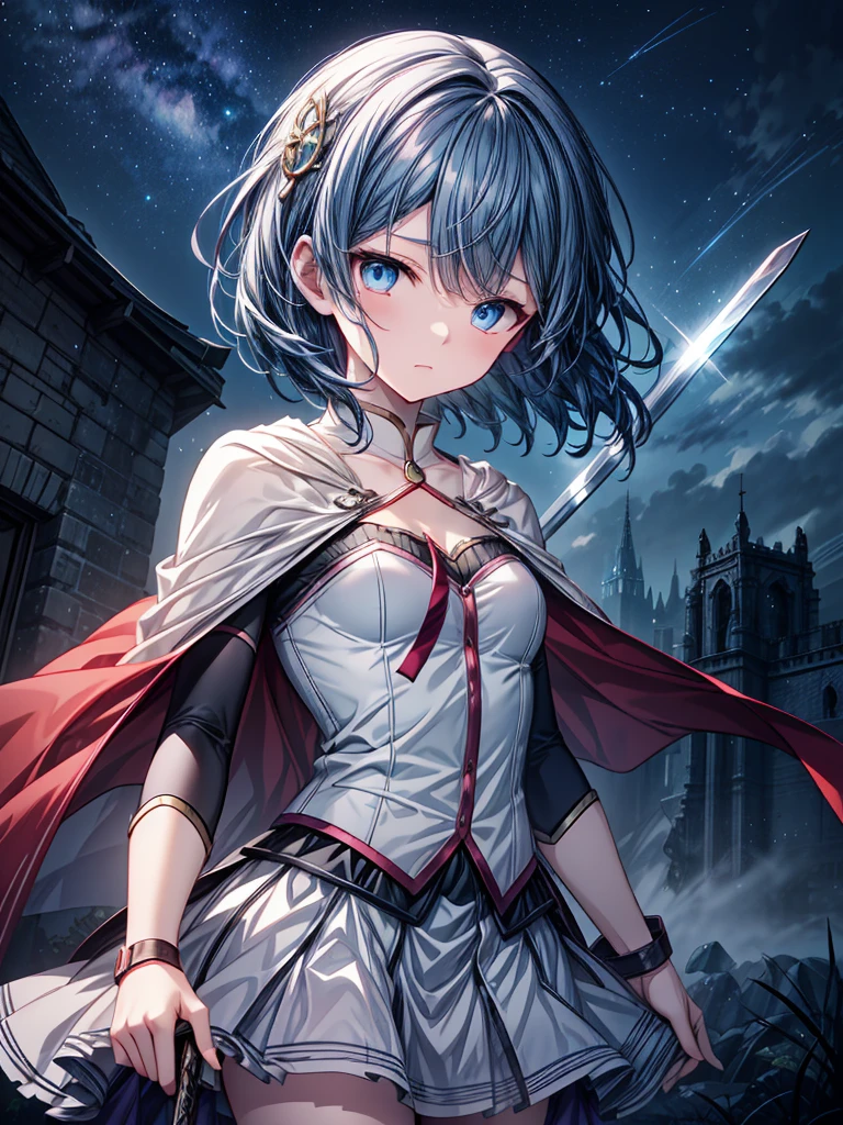 A highly detailed illustration of Sayaka Miki from "Puella Magi Madoka Magica." She is depicted in her magical girl form, wearing a blue and white outfit with a cape flowing behind her. Her short blue hair frames her determined face, with her blue eyes showing a mix of resolve and sadness. She wields a sword in one hand, standing in a dynamic pose as if ready for battle. The background features a night sky with a full moon, giving the scene a dramatic and intense atmosphere. The art style should be reminiscent of anime, capturing the emotional depth and complexity of her character.