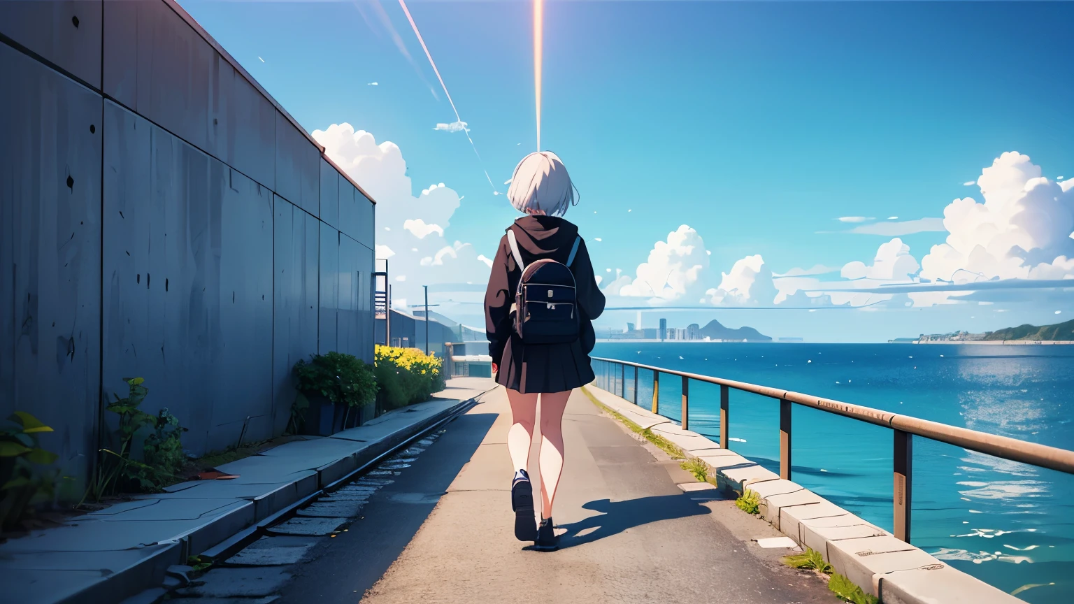 (Excellent: 1.2), (Best Quality: 1.2), (Super Detail: 1.2), (A girl walking alone on a sidewalk with a view of the sea, black hoodie, short white hair, purple backpack, hip-hop style), (Back of the head, facing backwards, full body, left side of the screen), (Railroad crossing, summer sky, cumulonimbus clouds, sea, breakwater), (4k, sad, rainbow water art style, beautiful digital illustration, beautiful character drawing, stunning anime face portrait, official artwork, LOFI girl, admire the art style, anime atmosphere, mix of anime style and film, digital anime illustration, anime wallpaper, 4k, high resolution high quality beautiful realistic sky, sky is the main focus, rear view, rear view scenery is the main focus, scenery is the main focus, emotional lofi old camera deep 3D)