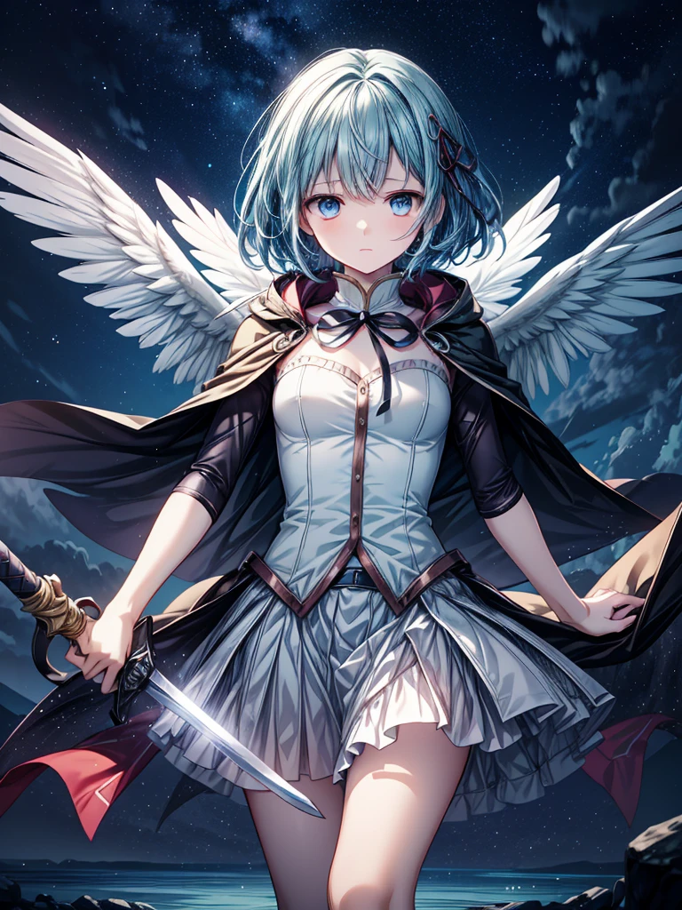 A highly detailed illustration of Sayaka Miki from "Puella Magi Madoka Magica." She is depicted in her magical girl form, wearing a blue and white outfit with a cape flowing behind her. Her short blue hair frames her determined face, with her blue eyes showing a mix of resolve and sadness. She wields a sword in one hand, standing in a dynamic pose as if ready for battle. The background features a night sky with a full moon, giving the scene a dramatic and intense atmosphere. The art style should be reminiscent of anime, capturing the emotional depth and complexity of her character.