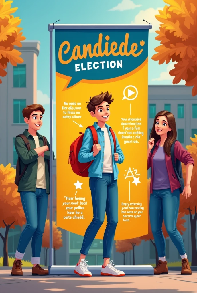 Generate a school election banner for campaign with school name, candidate name , quotes ,