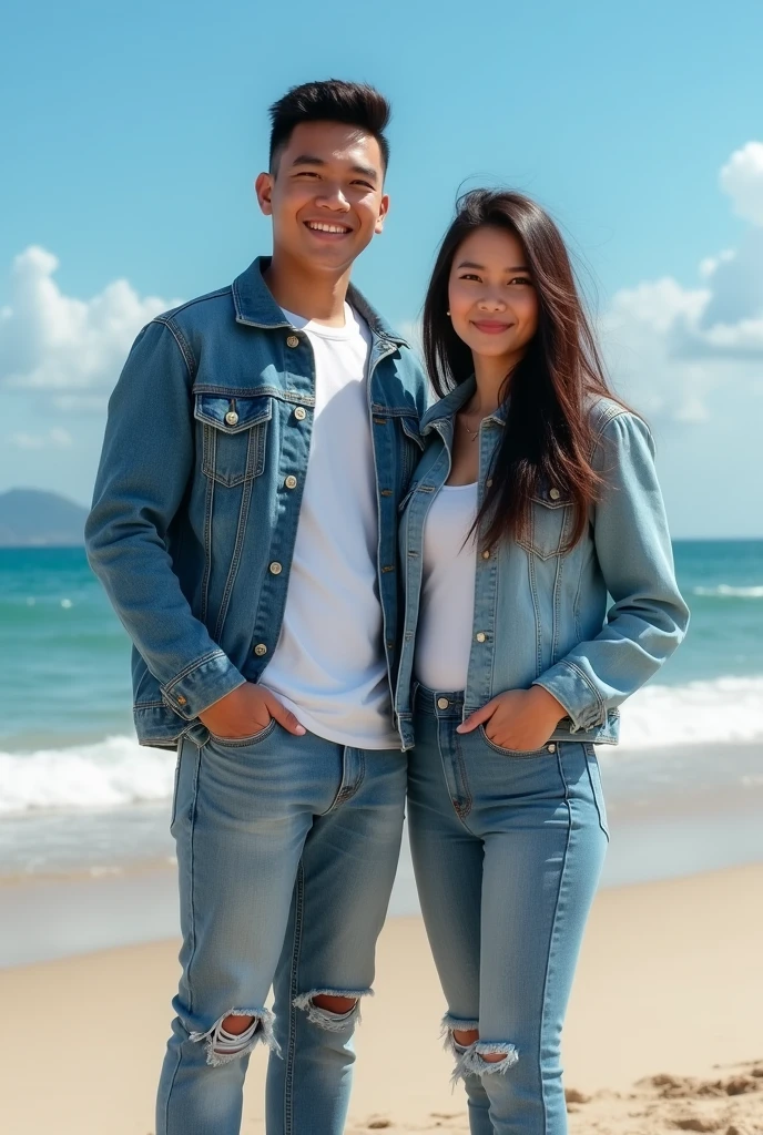 A portrait of a rather stout young man,indonesia wearing slim denim jacket on white t-shirt,and ripped jeans at the knees,and young Indonesian woman with long hair wearing a slim denim jacket walking wearing shoes,in front of the beautiful beach best quality,real,face in front of the camera,Blue sky
