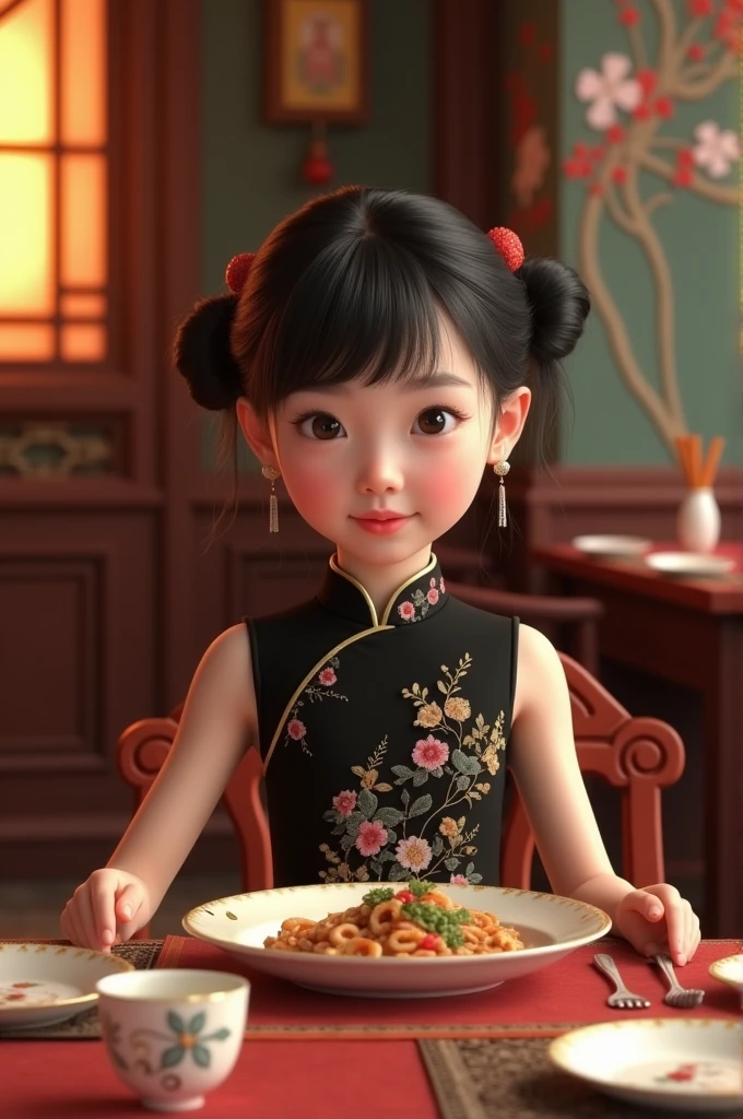 A 9  girl in a black Qipao in a restaurant.