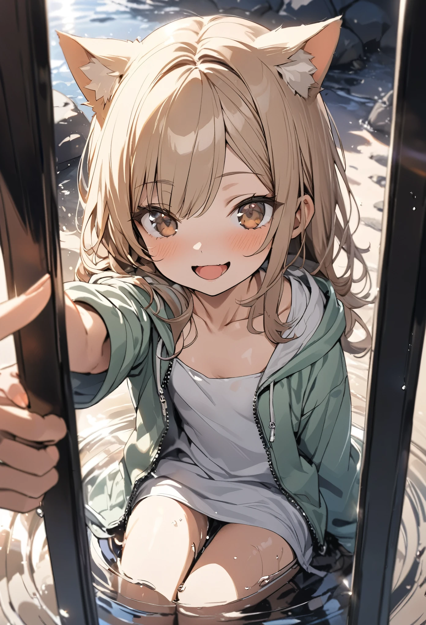 ((masterpiece)), ((Highest quality)), (anime:1.3), (Super Detail:1.2),(High resolution:1.3), (Professional photography:1.2), (Wide Shot), (Sharp focus), (Perfect light), (()), From above, (morning), Messy medium length hair, Beautiful clavicle, (Cute hoodie with zipper), White tank top, (Healthy slim body), (Loose bangs), Slender body, Glowing Skin, (Mischievous Smile), Open your mouth, ((Beautiful brown eyes)), Textured skin, (Cat ear), Light brown hair, cute beautiful, (A small, slightly exposed chest), break, ((Highest quality)), ((Hand pointing forward)), Sitting in shallow water reflected in the mirror, (Sharp focus), Perfect hands, (Perfect light),