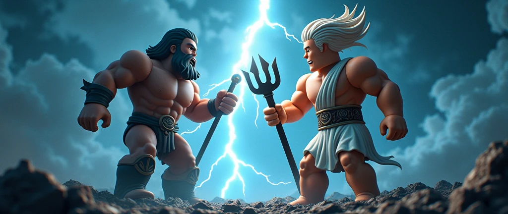 Zeus shooting lightning in the dark as a roblox character at Poseidon who is also a roblox character poseidon uses his trident on zesu (add text saying Gods Of RNG and make it match the background)