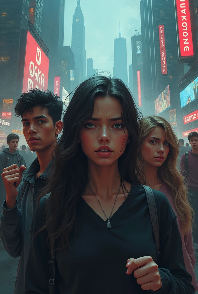 I need to create an image that shows the struggle of young people to be heard in a world of immense technology., full of violence, Lacking empathy and values, with great pressure from social networks
