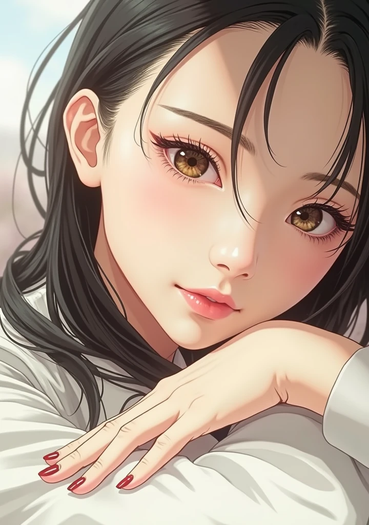 There is a woman with long hair wearing a blue tie.., Photorealistic Anime Rendering,Realistic photo,There is a woman wearing a blue tie and a blue shirt.。., Chiho, shikamimi, My motto is Teshirogi, Yoshitomo Nara, kimi takemura, Yasumoto Oka, Ishida Sui with black hair, Kotegawa Yui, narumi kakinouchi, Portrait of Mayuri Shiina,Detailed face and body, Natural light, High resolution, photoRealistic, (Highest quality,8k,High resolution,masterpiece:1.2),Very detailed,(Realistic,photoRealistic,photo-Realistic:1.37),Realistic skin texture,Beautiful eyes and lips,Beautifully detailed face,Long eyelashes,Smooth Skin
