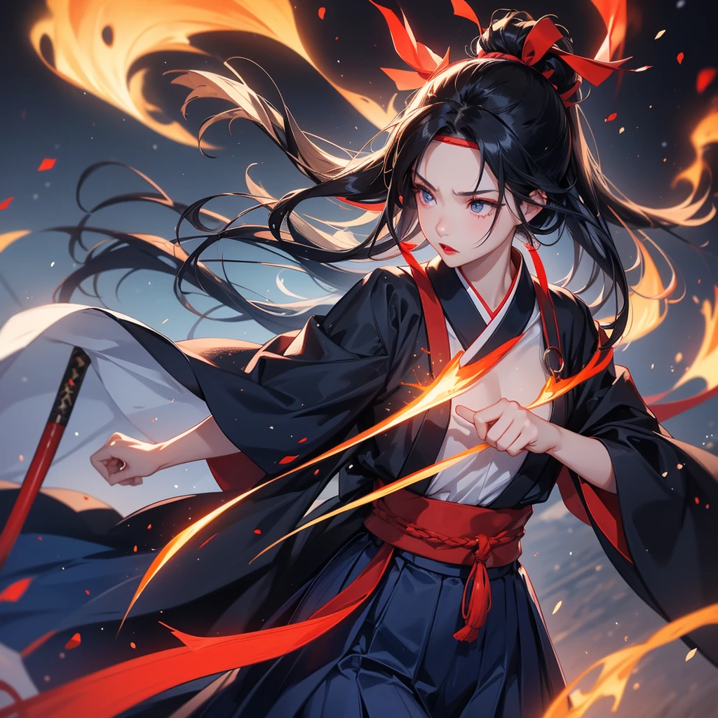 20 year old Japanese woman。Upper body naked。A cloth wrapped around his chest。Navy blue long skirt。Black hair with a headband。Heavy makeup。Bright red lipstick。Holding a wooden sword。Eyes of Hate。Angry expression。Photographed from the front。Background: School on fire。