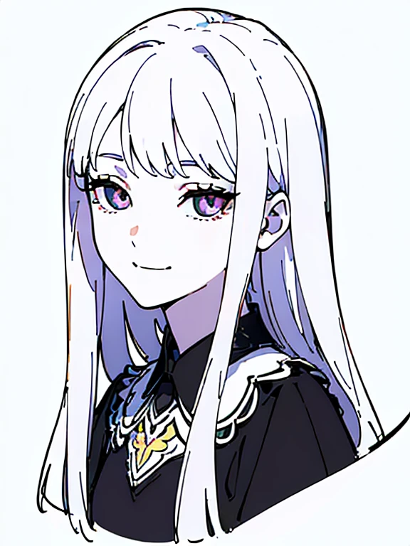 ((((masterpiece, Best Quality, Ultra-high resolution, Best illustrations)))), ((Portrait of a person standing against a white background)), (Very delicate and cute face, Sparkling Eyes), (((black sclera, small iris))), A beautiful girl named "Sinza" is standing diagonally to the left alone, sexy black dress, white long hair, full body, (((evil smile))),