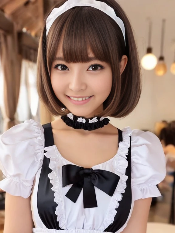 masterpiece, 1 girl per photo, upper body shot, View from the front, young beautiful japanese woman, She is wearing a cute short-sleeved satin silky black maid outfit and smiling broadly at a cafe., wearing a white frilly headband, white frilly apron, black choker, glamorous look, super cute face, glossy lips, sweaty body, double eyelids in both eyes, natural makeup, long eyelashes, Shiny and smooth light brown long bob hair, asymmetrical bangs, sunburned skin, center image, 8K resolution, high detail, detailed hairstyle, detailed face, great cinematic lighting, octane rendering, lively, surreal, perfect limbs, perfect anatomy