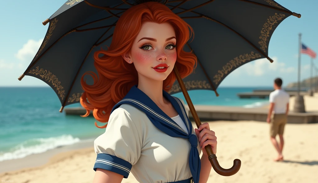 hottie, woman, 20 years old, 40's sailor woman uniform, short skirt, white and blue, redhead, sexy pose, holding a black umbrella with wooden handle and intricate decorations, docks, boardwalk, sand, sunny day, full lips, red lipstick, small nose, freckles. 