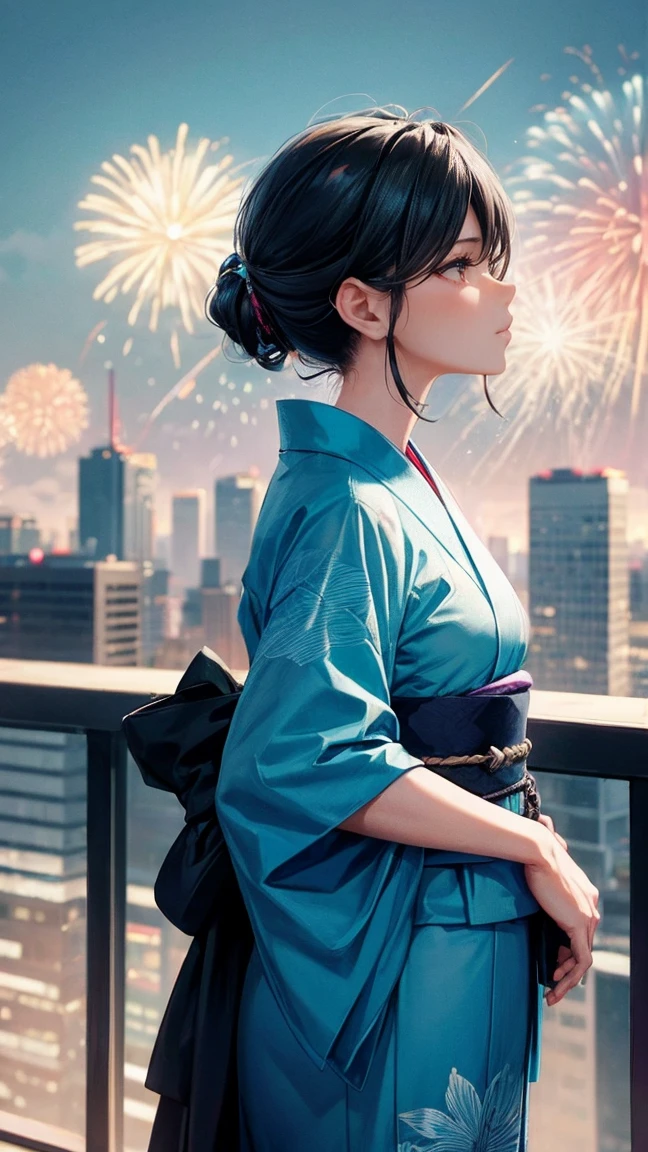 Skyscraper rooftop　Mature woman looking up at fireworks　Black hair chignon　A vibrant turquoise yukata