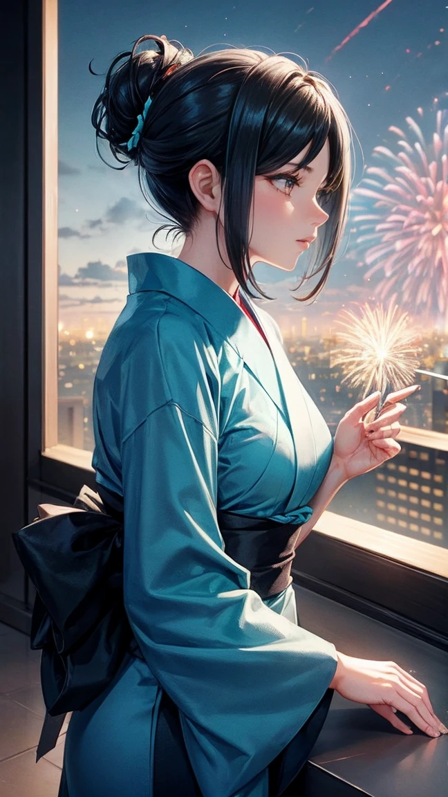 Skyscraper rooftop Mature woman looking up at fireworks Black hair chignon A vibrant turquoise yukata