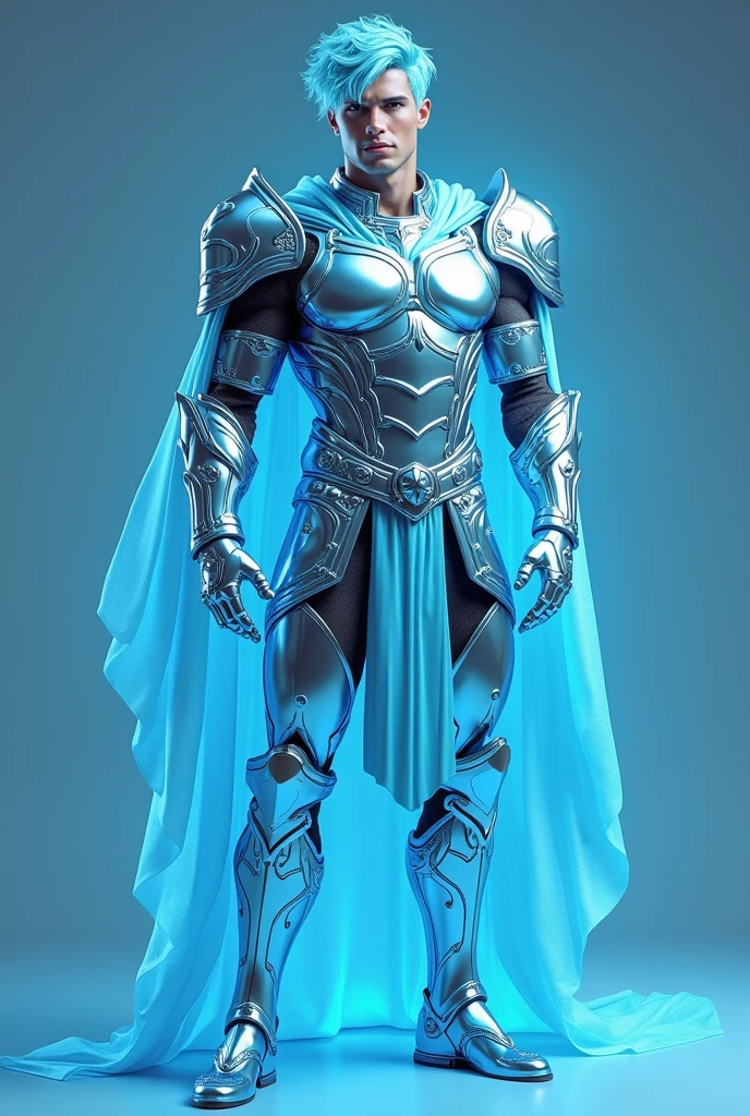 full body 3d HDR photorealistic ultra realism high definition aesthetic stabilized diffusion picture of handsome hunky Warrior Mercury , powder blue hair ,in cyan crystal transparent sparkling shiny crystal glass chrome outfit armor,,look at camera, detailed facial parts,, studio as background, Freestyle Pose, Happy Expression, perfect anatomy, symmetric body,, 18 years old, :: high detail, a lean athletic body, realistic, human skin, extremely detailed fingers, chad chin,, masculine, human skin, (eyes contact), gorgeous, Attractiveness