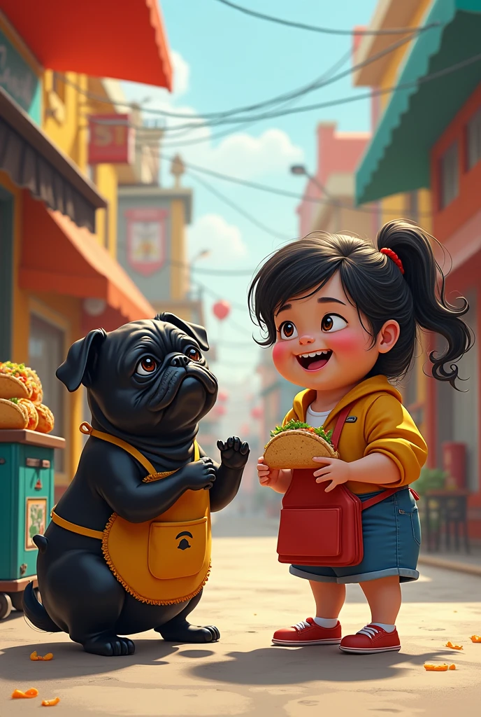 Black pug selling tacos next to a chubby girl