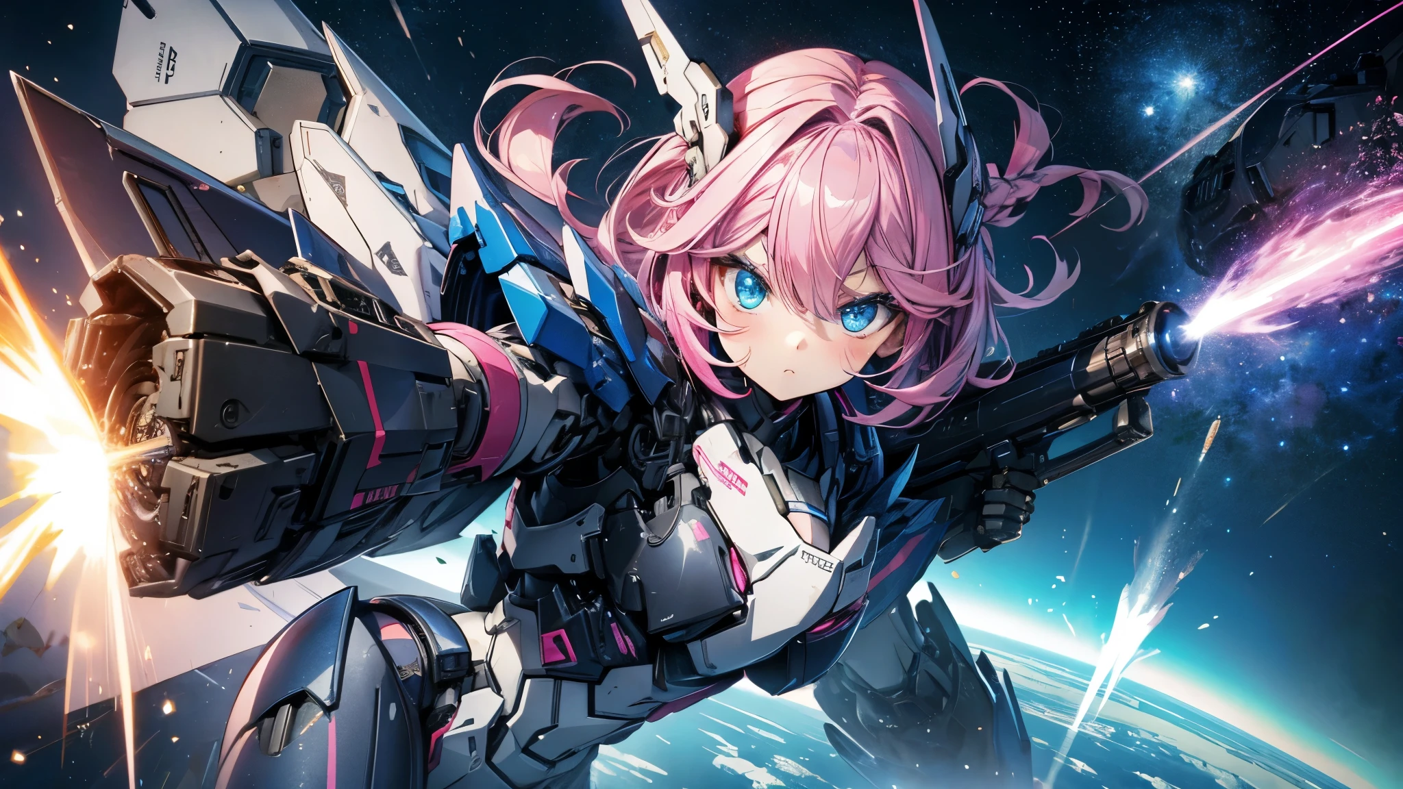 Girl、cute、soldier、Heavy equipment、rifle、gun、Rocket Launcher、Heavily armed、Mecha body、Strengthen the outer frame、Random cool poses、Pink Hair、Bob Hair、Braid、Big eyes、Beautiful blue eyes、Close your mouth、battlefield、Exploding Background、Beautiful depiction、gun弾が飛び交う、Near future、Body Armor、Hair fluttering in the wind、Starry Sky、Impressive