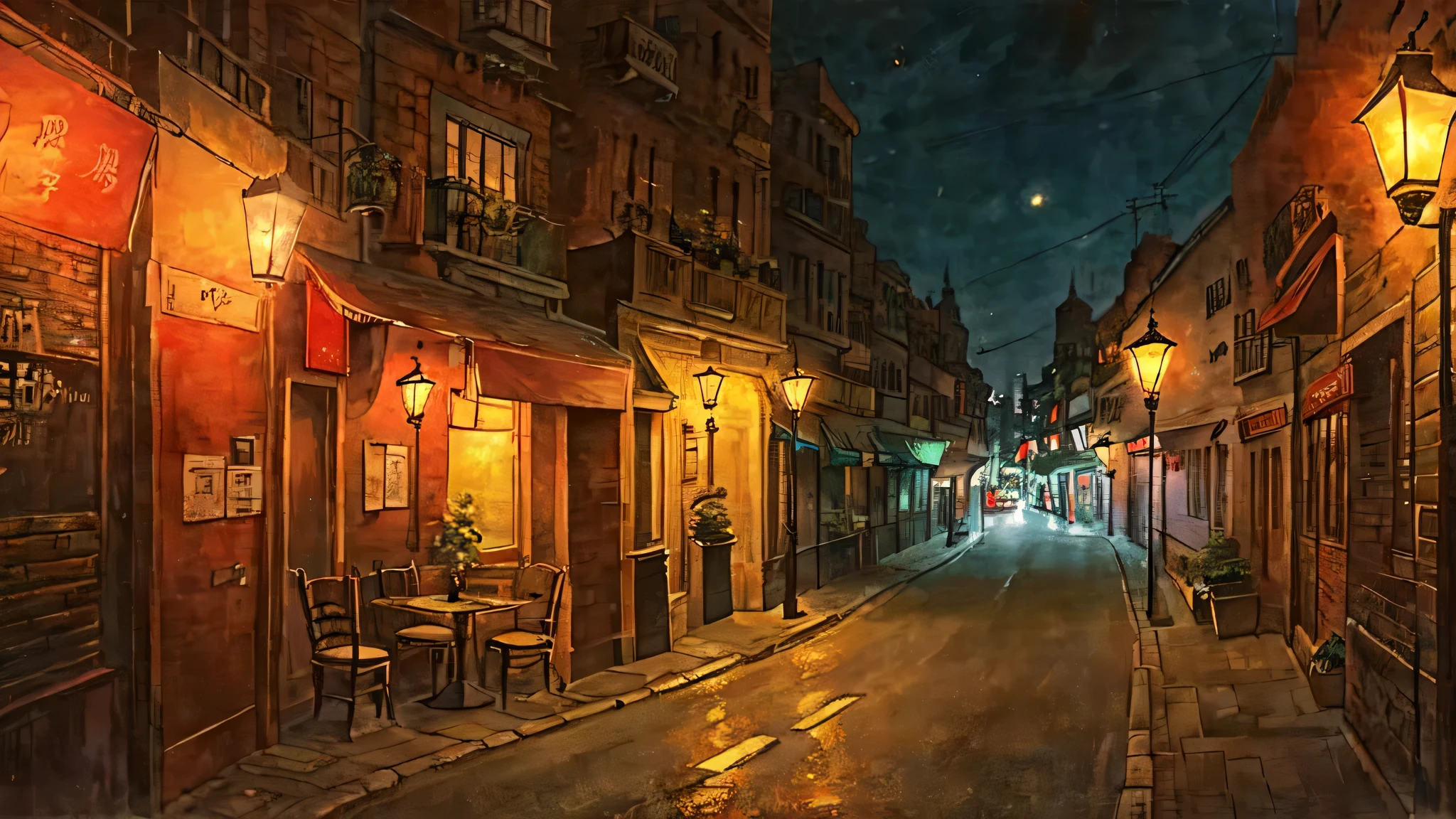 Modern cafe background、Time: Night、The street lamps are lit、Stylish atmosphere、Emotional