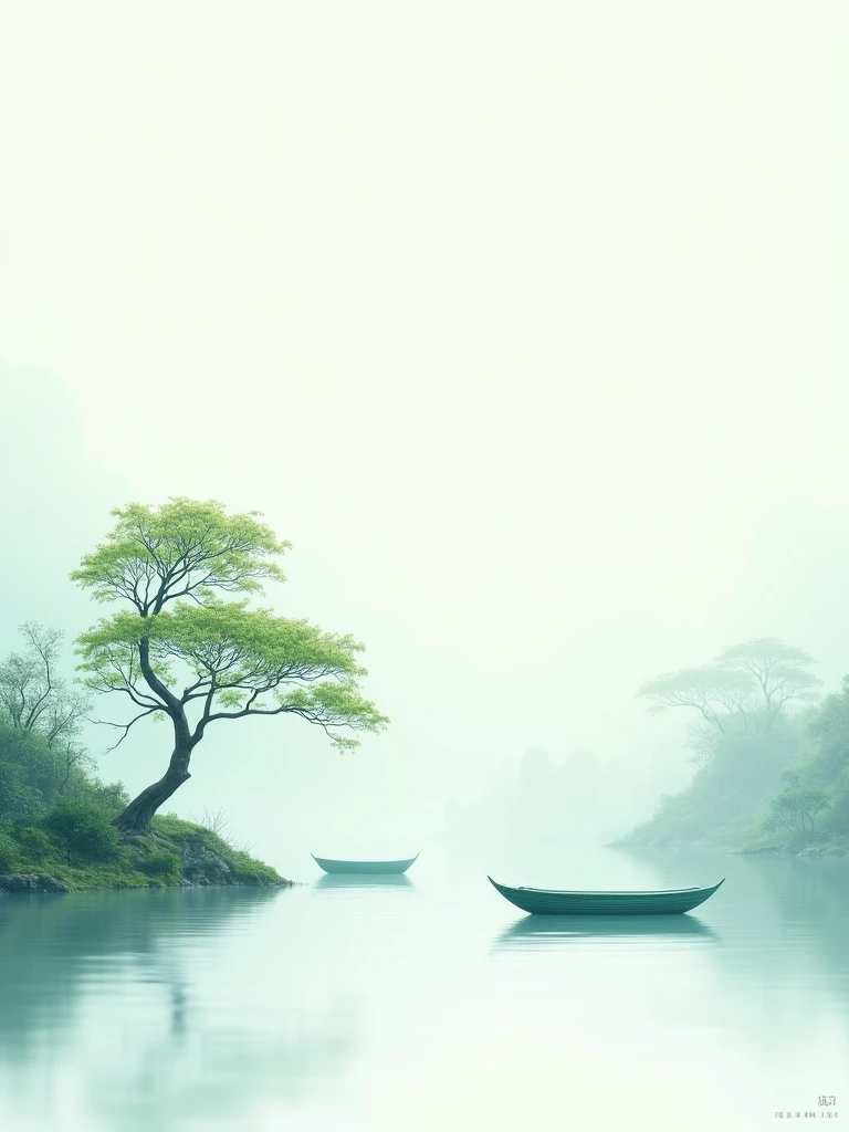 Light blue-green，Chinese artistic conception style mural，Two small boats under the tree on white background，Simple and elegant style，Delicate brushwork，High definition wallpapene details，There is a little mist in front of the ship，Green Leaf，Lake，Jade material，Jade carving，Wall carving style，Ultra-high resolution。