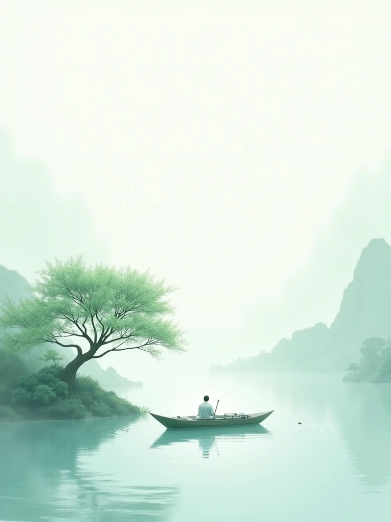 Light blue-green,Chinese artistic conception style mural,Two small boats under the tree on white background,Simple and elegant style,Delicate brushwork,High definition wallpapene details,There is a little mist in front of the ship,Green Leaf,Lake,Jade material,Jade carving,Wall carving style,Ultra-high resolution。