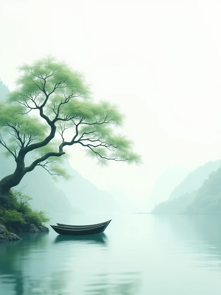 Light blue-green,Chinese artistic conception style mural,Two small boats under the tree on white background,Simple and elegant style,Delicate brushwork,High definition wallpapene details,There is a little mist in front of the ship,Green Leaf,Lake,Jade material,Jade carving,Wall carving style,Ultra-high resolution。
