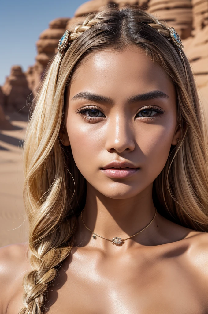 Create a highly detailed and realistic image of an 18-year-old Japanese girl as a desert nomad queen. She should be 180 cm tall, weigh 45 kg, and have a smooth, light complexion. Her straight, long blonde hair is sleek and glossy, styled with intricate braids and adorned with desert jewels. Her graceful, diamond-shaped face has high cheekbones, a small, delicate nose, and full, well-defined lips. Her large, expressive brown eyes feature detailed irises and long eyelashes. Her physique is athletic yet feminine, with big-sized, round breasts. She is dressed in sensual, flowing robes and leather accessories that blend with the desert landscape. The desert should be depicted with intricate details—fine grains of sand, distant dunes, and a vivid horizon under a clear sky. The image should be ultra-high definition (4k, 8k) with soft, natural lighting to highlight her skin texture, hair shine, facial details, and the desert's texture.
