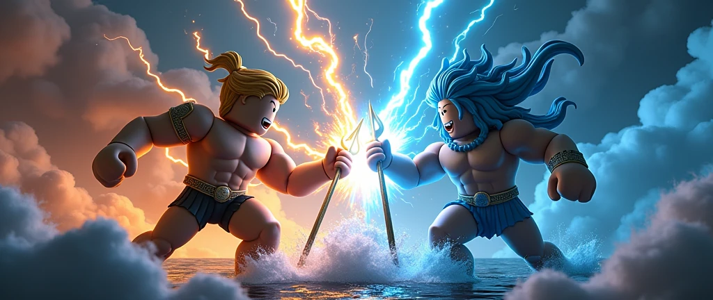 Zeus shooting a lightning bolt in the dark as a roblox character at Poseidon who is also a roblox character poseidon uses his trident on zesu (add text saying Gods Of RNG and make it match the background)