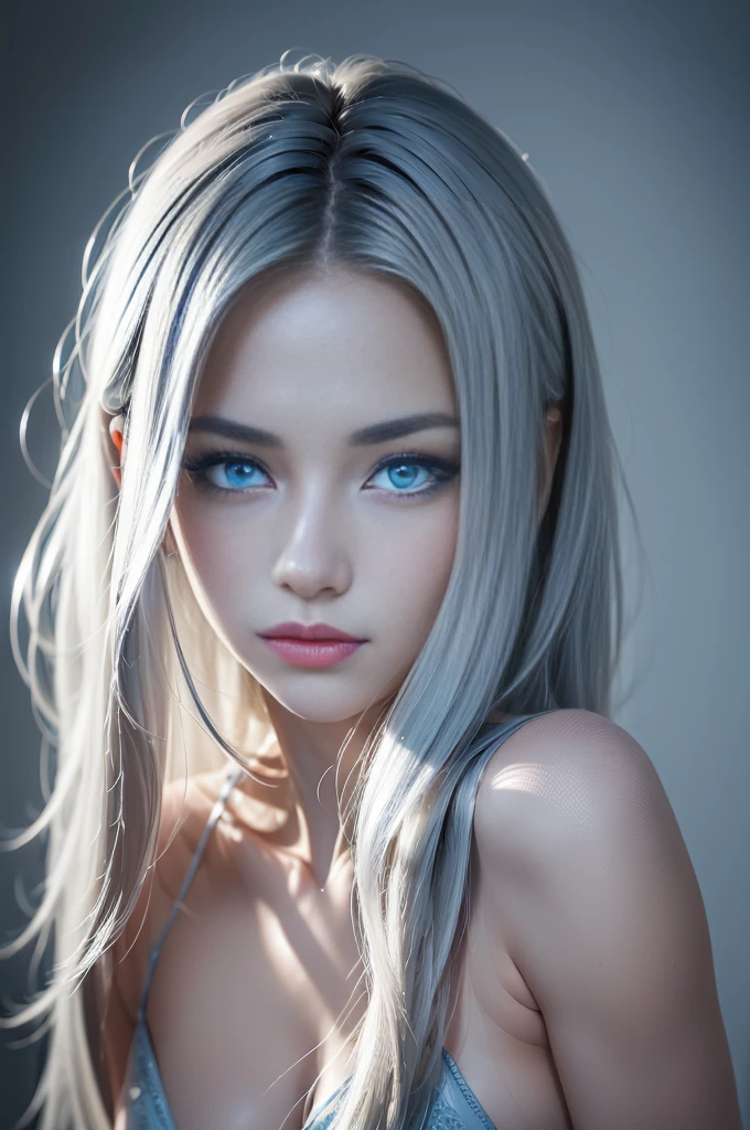 1girl in, Translucent tunic、no-bra、Grey Hair, White eyes, depth of fields, Film grain, One-person viewpoint, F/1.8, 135 mm, NIKON, nffsw, retinas, masutepiece, ccurate, Anatomically correct, Textured skin, Super Detail, high details, High quality, awardwinning, Best Quality, hight resolution, 1080p, hard disk, 8K