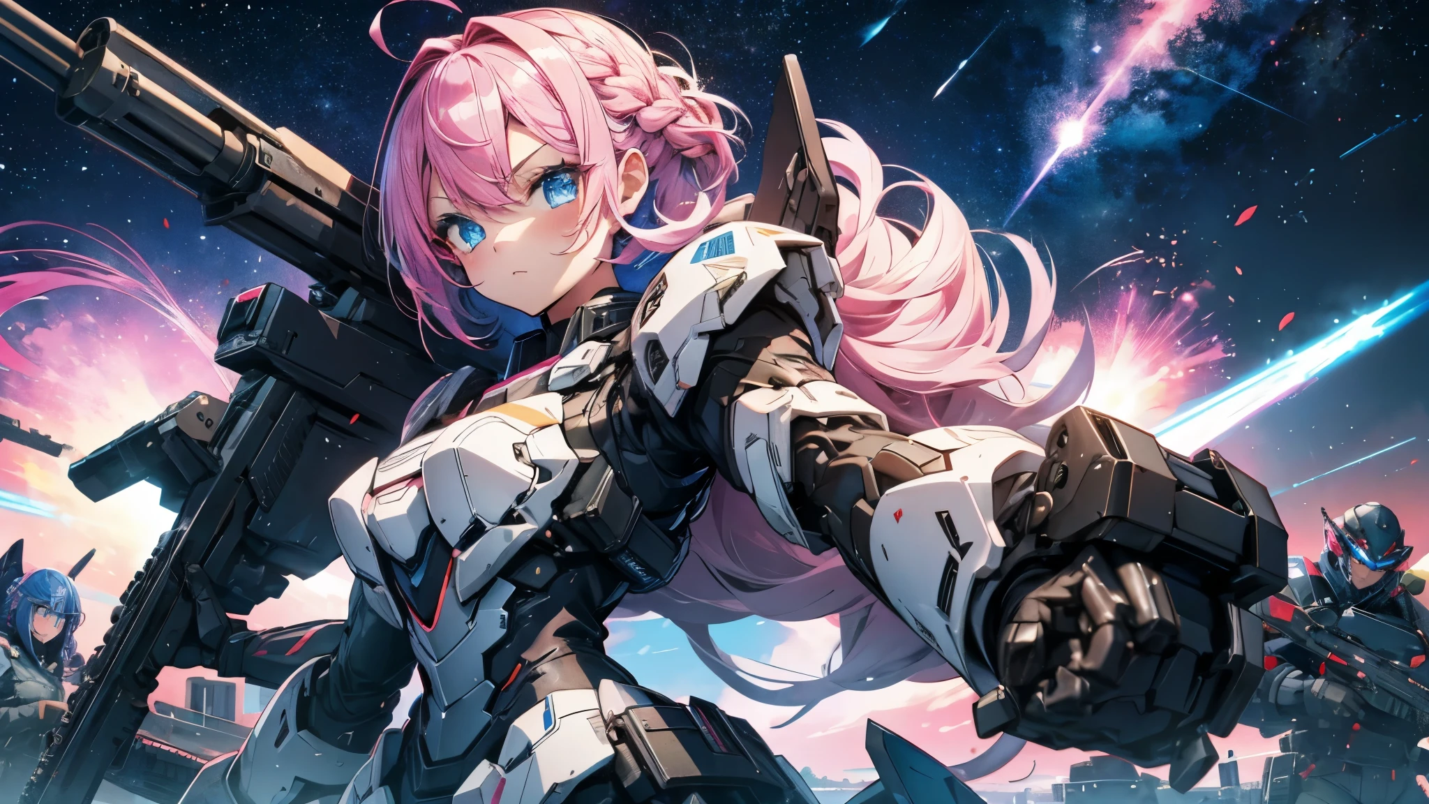 Girl、cute、soldier、Heavy equipment、rifle、gun、Rocket Launcher、Heavily armed、Mecha body、Strengthen the outer frame、Random cool poses、Pink Hair、Bob Hair、Braid、Big eyes、Beautiful blue eyes、Close your mouth、battlefield、Exploding Background、Beautiful depiction、gun弾が飛び交う、Near future、Body Armor、Hair fluttering in the wind、Starry Sky、Impressive