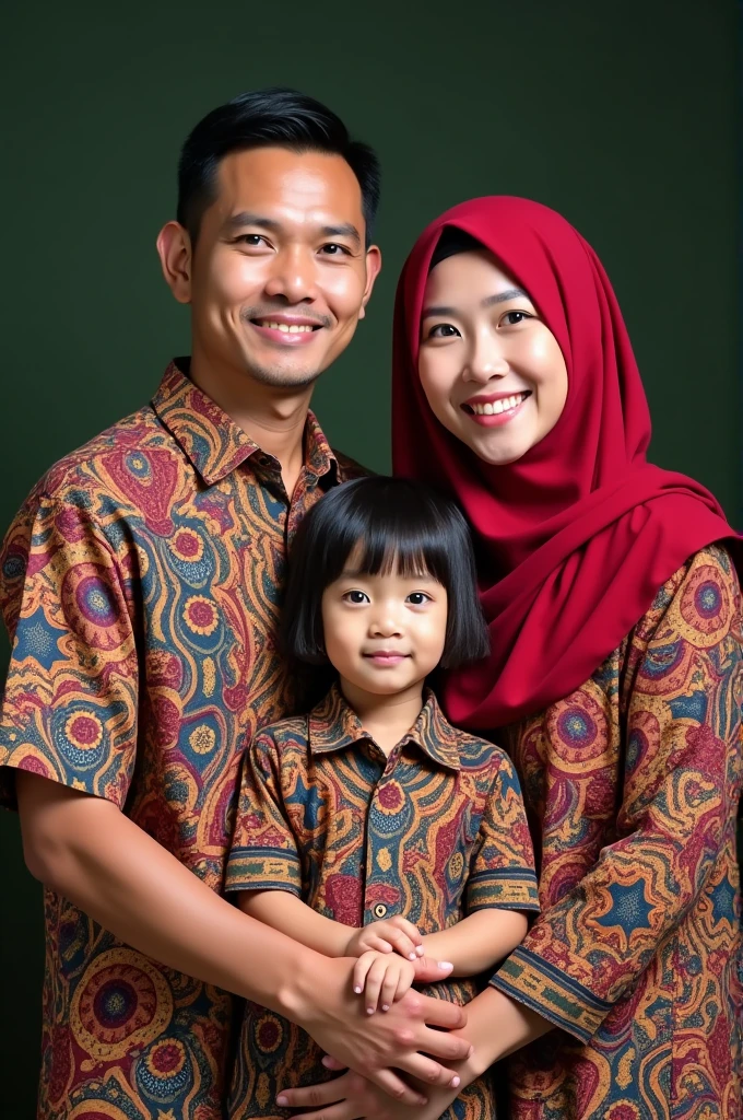 A 28 year old father wearing a Javanese Muslim batik shirt and a 25 year old mother wearing a Javanese Muslim batik shirt are taking a family photo with their 2 year old daughter wearing a Javanese Muslim batik shirt taking a family photo facing forward close-up