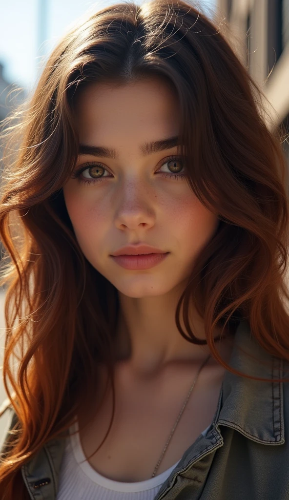 A realistic photograph of a stunning girl with [colorful hair] with [dark roots], a [small nose], highly detailed face, detailed woman face, detailed hand, beautiful [brown eyes], wearing a [shirt], in [city], [full body], highly detailed, cinematic, professional, bright color, dramatic ambient dynamic, thought, majestic, rich deep colors, vivid, stunning, graceful, wonderful, magic, perfect, pretty, marvelous, pure, scenic, sharp focus, extremely inspirational, elegant, colossal, epic, fine detail, sincere, amazing, singular, beautiful, fantastic