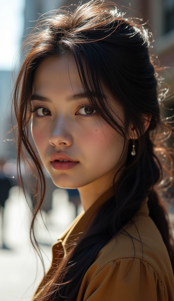 A realistic photograph of a stunning girl with [colorful hair] with [dark roots], a [small nose], highly detailed face, detailed woman face, detailed hand, beautiful [brown eyes], wearing a [shirt], in [city], [full body], highly detailed, cinematic, professional, bright color, dramatic ambient dynamic, thought, majestic, rich deep colors, vivid, stunning, graceful, wonderful, magic, perfect, pretty, marvelous, pure, scenic, sharp focus, extremely inspirational, elegant, colossal, epic, fine detail, sincere, amazing, singular, beautiful, fantastic
