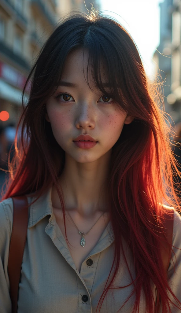 A realistic photograph of a stunning girl with [colorful hair] with [dark roots], a [small nose], highly detailed face, detailed woman face, detailed hand, beautiful [brown eyes], wearing a [shirt], in [city], [full body], highly detailed, cinematic, professional, bright color, dramatic ambient dynamic, thought, majestic, rich deep colors, vivid, stunning, graceful, wonderful, magic, perfect, pretty, marvelous, pure, scenic, sharp focus, extremely inspirational, elegant, colossal, epic, fine detail, sincere, amazing, singular, beautiful, fantastic