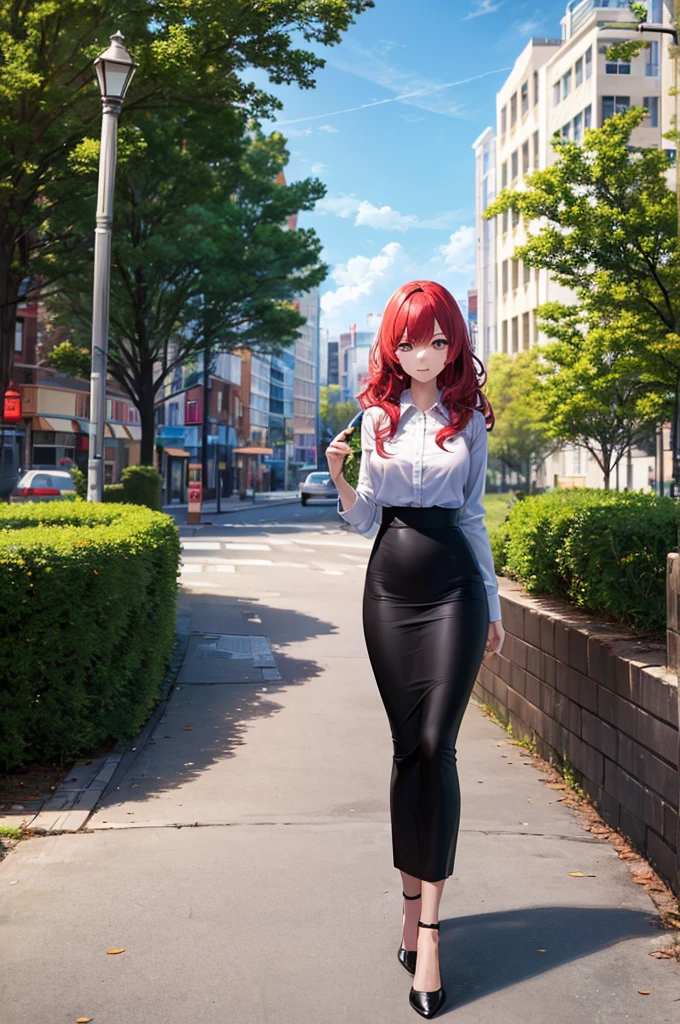 masterpiece, best quality, highres, high detail, beautiful woman, wavy hair, red hair, white shirt, black midi pencil skirt, heels, looking at viewer, spring garden, cloudy sky, city, city street, sidewalk, street lamp, park, trees,