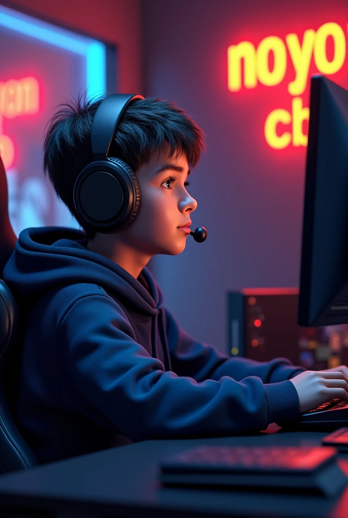 Create A 3D Realistic image of a Boy sitting in gaming room on gaming chair and playing on Free Fire application on his pc. The boy must wear dark blue hoodie headphones And his name "NOYON CB" is Written on the wall with orange colour neon light.